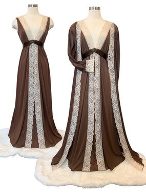 Vintage Artemis Gossard Brown Silky Satin Lace 60s Empire Maxi Gown Robe 2pc Set
